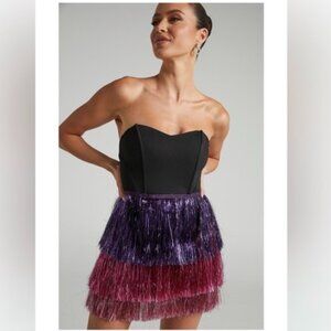 Showpo Flossie Mini Dress Sweetheart Fringe Layered Black Strapless Dress, XS/2